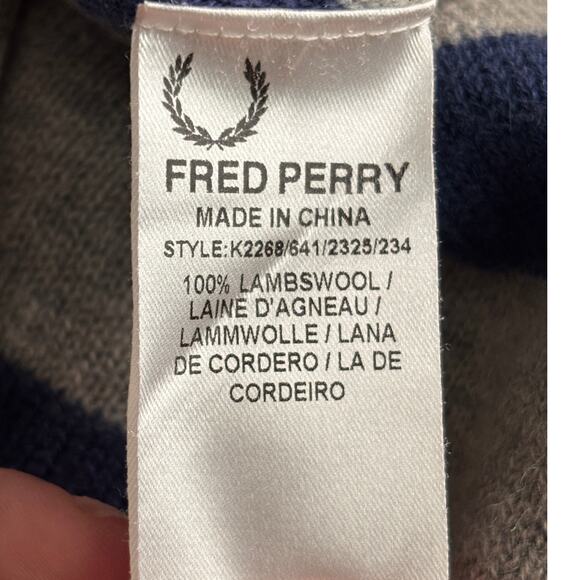 Fred Perry Mens Striped Lambswool Sweater Medium Blue Gray V-Neck Jumper Preppy - Picture 7 of 8
